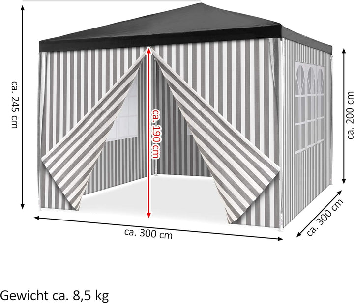 Pavillon 3x3 m in anthrazit weiss gestreift PE Plane 100g/m² + 4 Seitenteile 3 mit Fenster Partyzelt