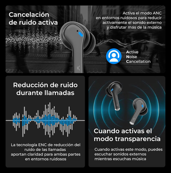 KSIX Noise Cancel 3 kabellose Bluetooth-Kopfhörer mit aktiver Geräuschunterdrückung ANC + ENC, HD-An
