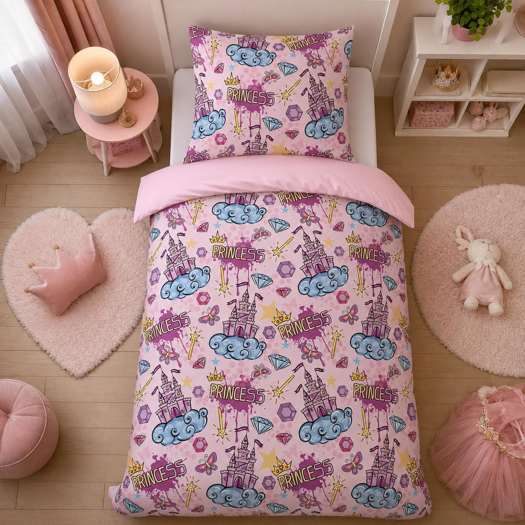 DJDEA Rosa Burg Bettwäsche 135 x 200 cm Kinder Weich Mikrofaser, Burg Motiv Bettwäsche-Sets mit Reis