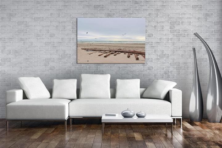 deyoli Sandstrand mit Möwen im Format: 80x60 als Leinwandbild, Motiv fertig gerahmt auf Echtholzrahm