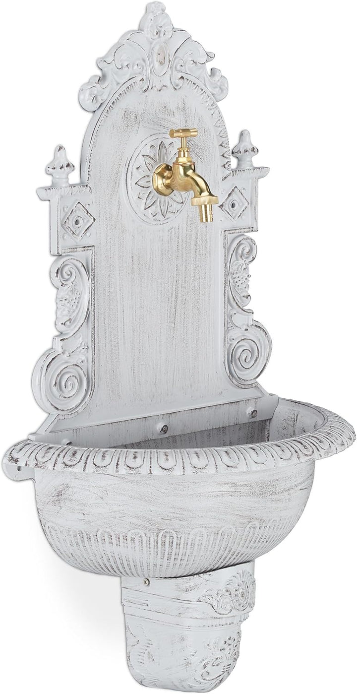 Relaxdays XL Wandbrunnen antik, mit Wasserhahn, nostalgisch, Waschbecken Garten, Aluguss, HBT 75 x 4