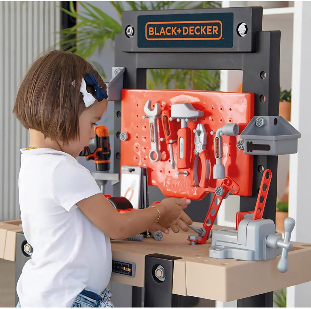 Smoby - Black+Decker Werkbank Center - 92-teilig, mit mechanischem Akkuschrauber, Autobausatz, Werkz