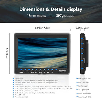 NEEWER Feldmonitor 7-Zoll 1280x800 IPS Bildschirm Set: Unterstützt Eingang mit 2600mAh Lithium-Ionen