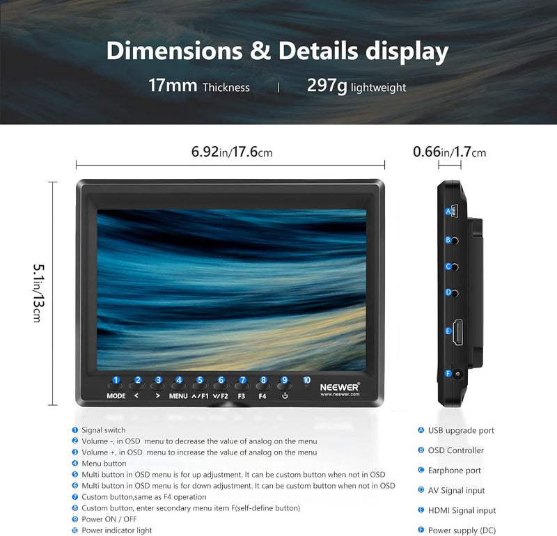 NEEWER F100 7Zoll Kamera Feldmonitor Video Assist Slim IPS 1280x800 HDMI Eingang 1080p mit 2600mA Li