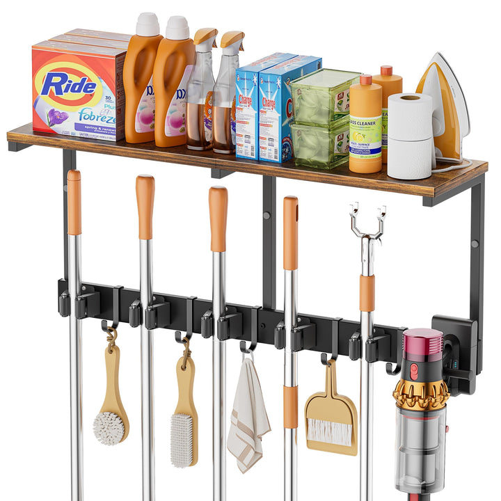 VINCOURNA Besenhalterung Wand, Besenhalter mit 6 Halter und 4 Haken, Wandhalterung Besen mit Regal,