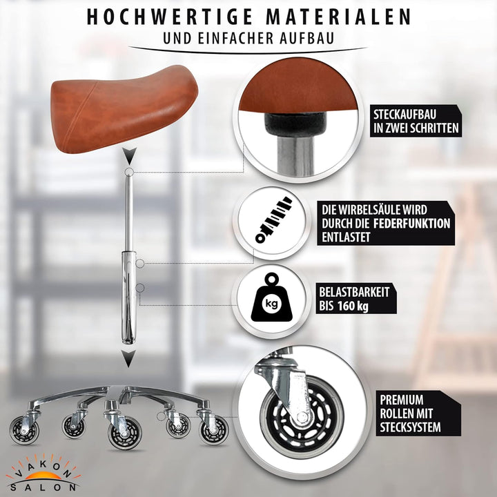 Premium Sattelhocker Hellbraun, Sattelstuhl für Rückenentlastung, Rollhocker höhenverstellbar von 55