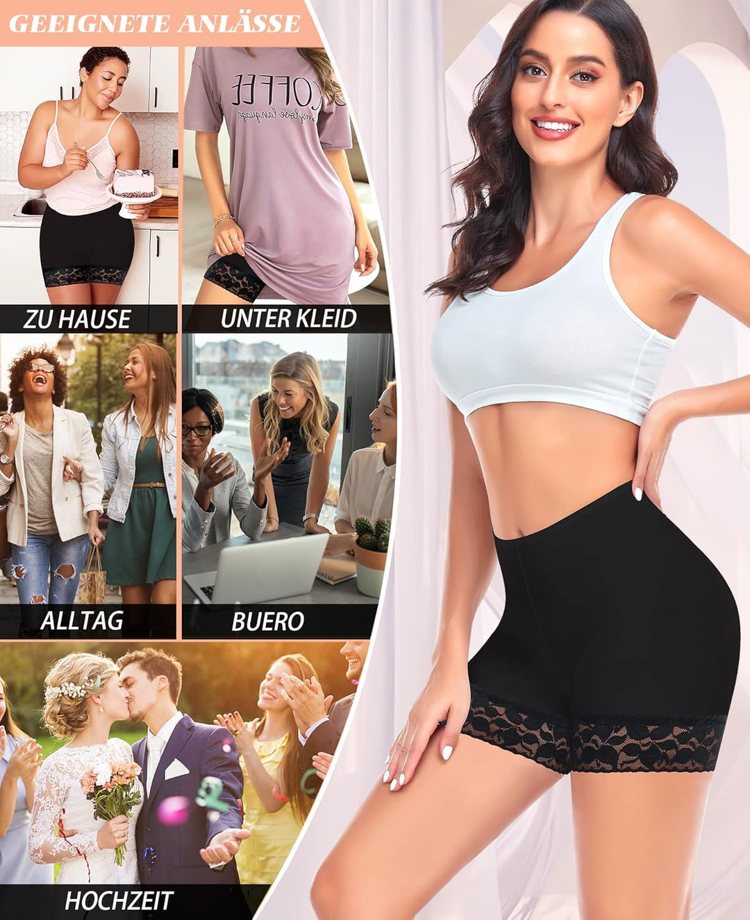 YARRCO Damen Unterhose Spitze Radlerhose Kurz Unter Rock Hosen Anti-Chafing Slipshorts Boxershorts U