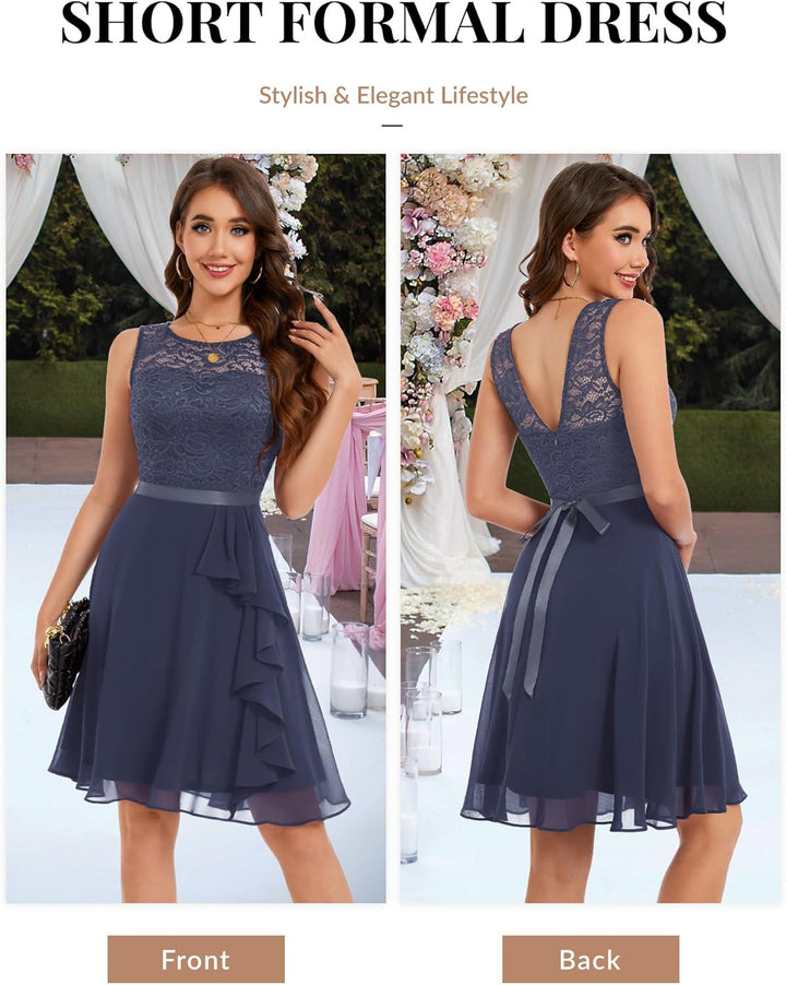 Berylove Kleid mit Rüschensaum Cocktailkleid Damen Elegant für Hochzeit Abendkleid Kurz Blau 3XL, Bl