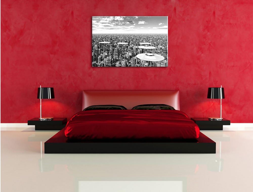 Pixxprint UFO´s über der Stadt Kunst B&W als Leinwandbild | Grösse: 100x70 cm | Wandbild | Kunstdruc