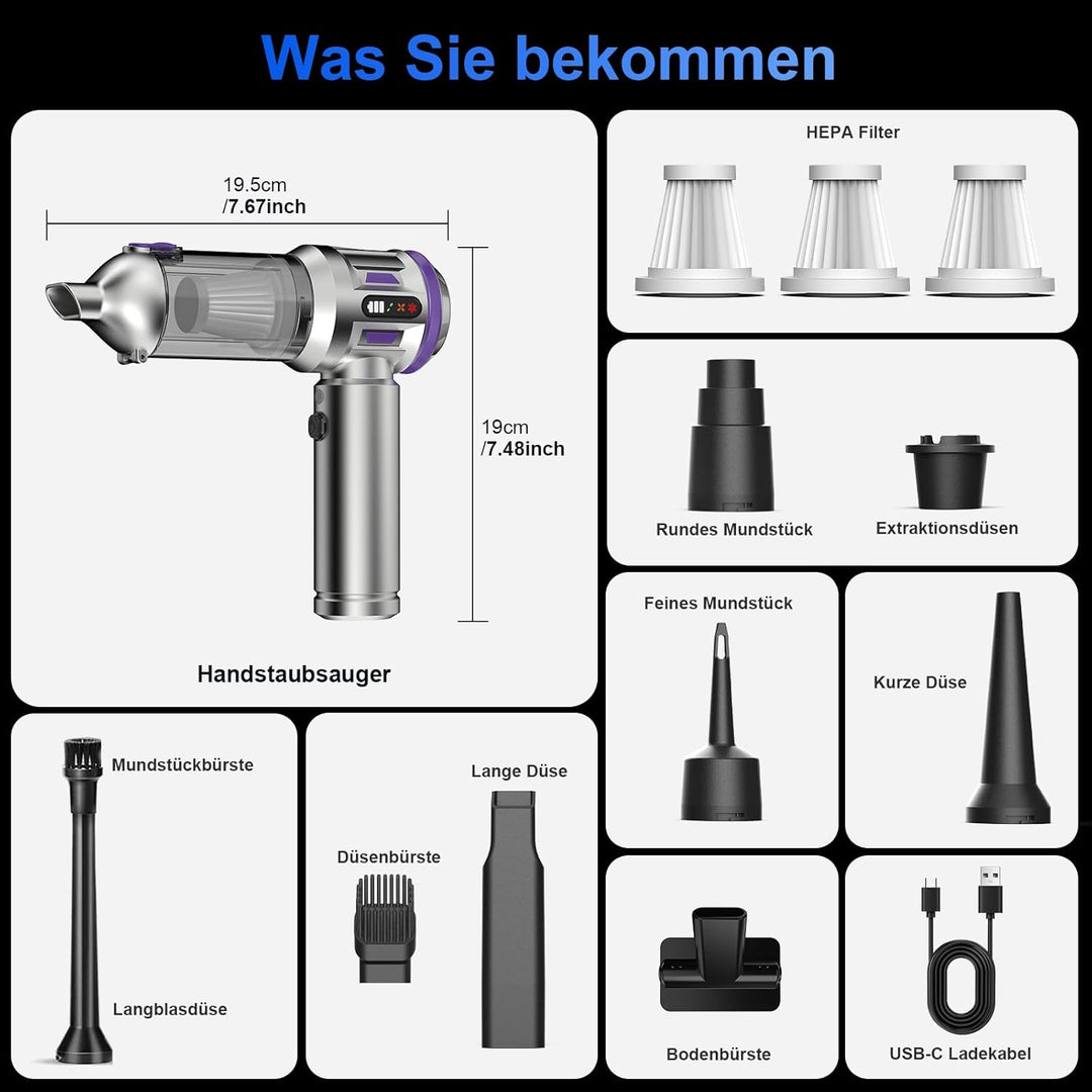 Handstaubsauger, 26000 Pa 4-In-1 Mini Staubsauger Akku Kabellos mit Digitalanzeige 1-Knopf-Selbstent