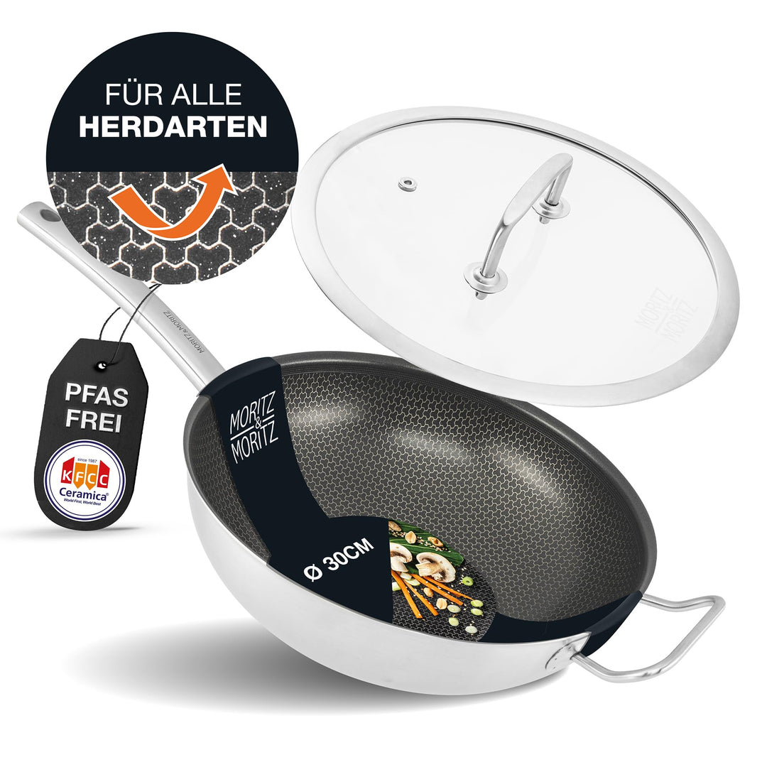 Moritz & Moritz Edelstahl Wokpfanne mit Deckel 30cm und Keramikbeschichtung der neuesten Generation