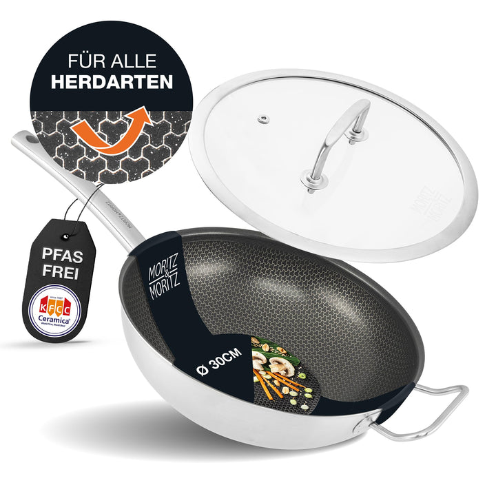 Moritz & Moritz Edelstahl Wokpfanne mit Deckel 30cm und Keramikbeschichtung der neuesten Generation