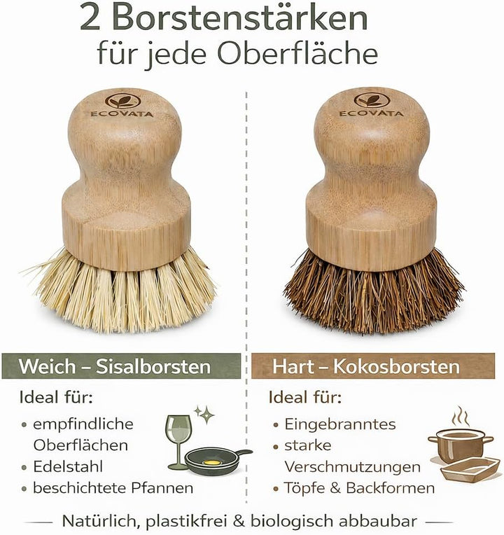 Spülset aus Bambus & Luffa – 100% plastikfrei – 4 Luffa Pads & 3 Küchenbürsten mit Sisal- & Kokosbor