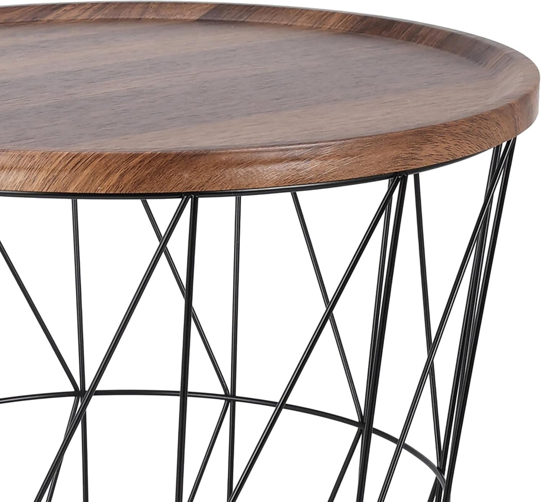 Design Beistelltisch - Metall Korb mit Holz Deckel - dekorativer Sofatisch inkl. Korbablage Schwarz
