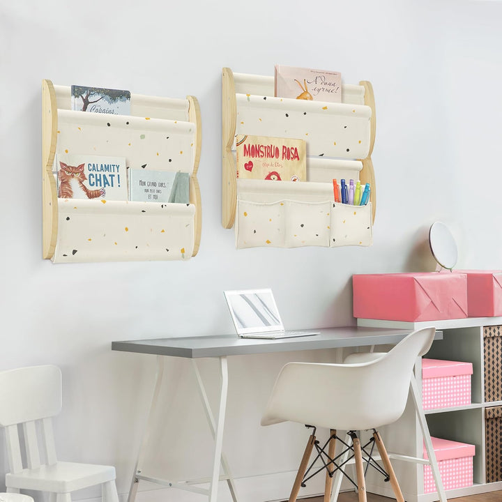 Bücherregal Kinder Wand Kinderbücherregal Montessori mit 4 Ablagen & 3 Taschen Kinderregal Wandregal