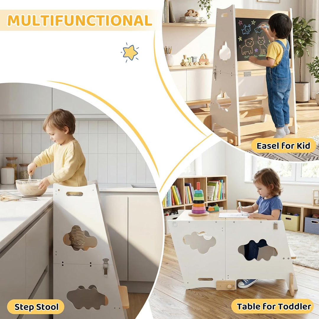 KIDINIX Lernturm ab 1 Jahr, 3 in 1 Montessori Learning Tower mit Sicherheitsgeländer und Tafel, Klap