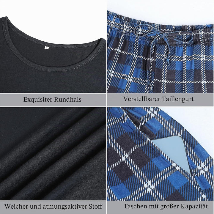 Schlafanzug Herren Kurz aus Baumwolle mit Kontraststreifen Design, Sommer Pyjama Set Oberteile und K