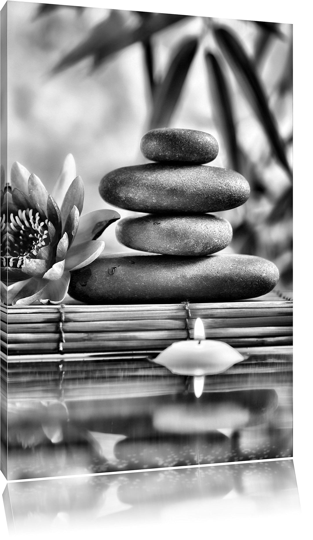 Pixxprint Monocrome, Seerose mit Zen Steinen und Kerzen, Format: 100x70 auf Leinwand, 100x70