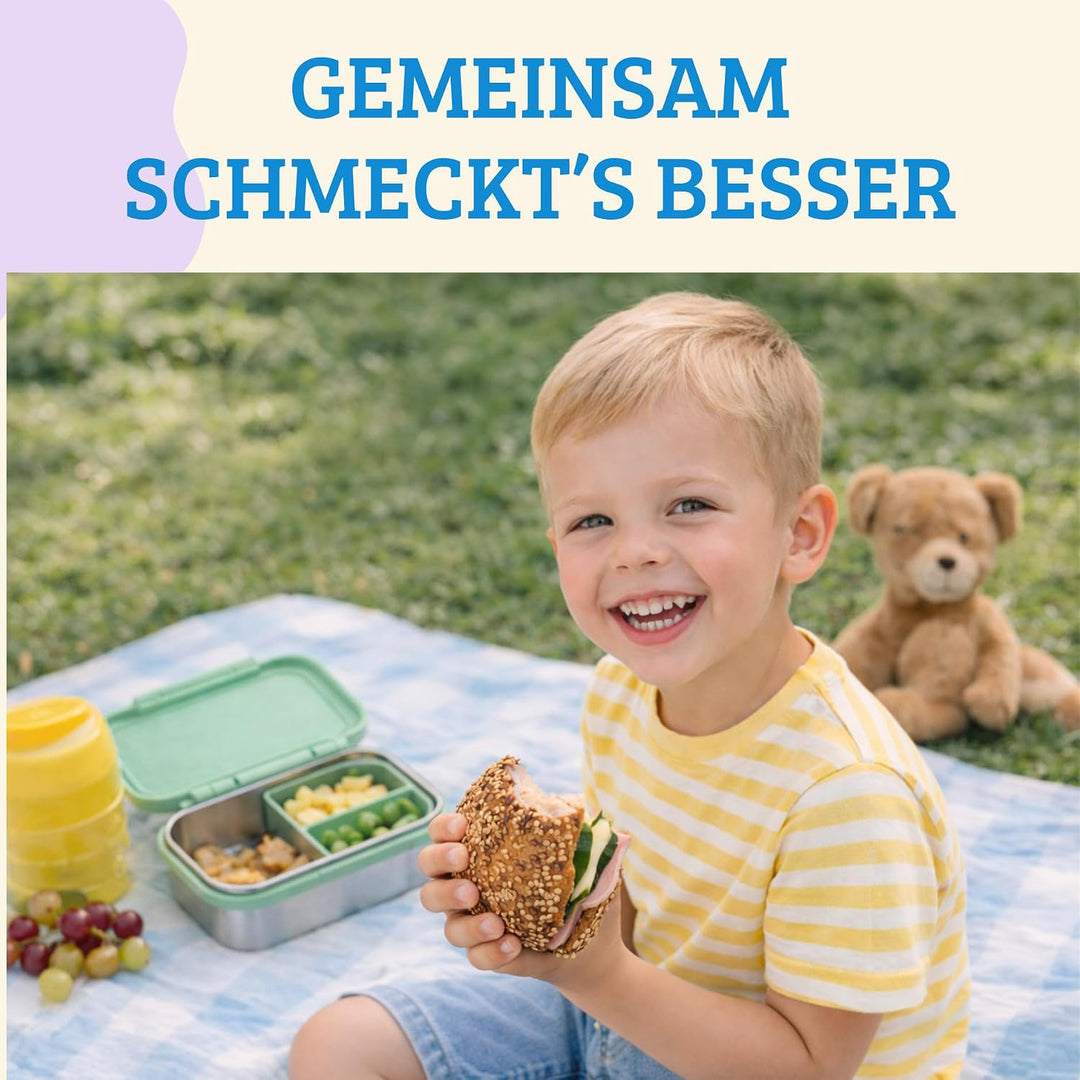 Kinder Brotdose Edelstahl 1000 ml mit Snackbox – Lunchbox mit Fächern, Edelstahl-Boden und BPA-freie