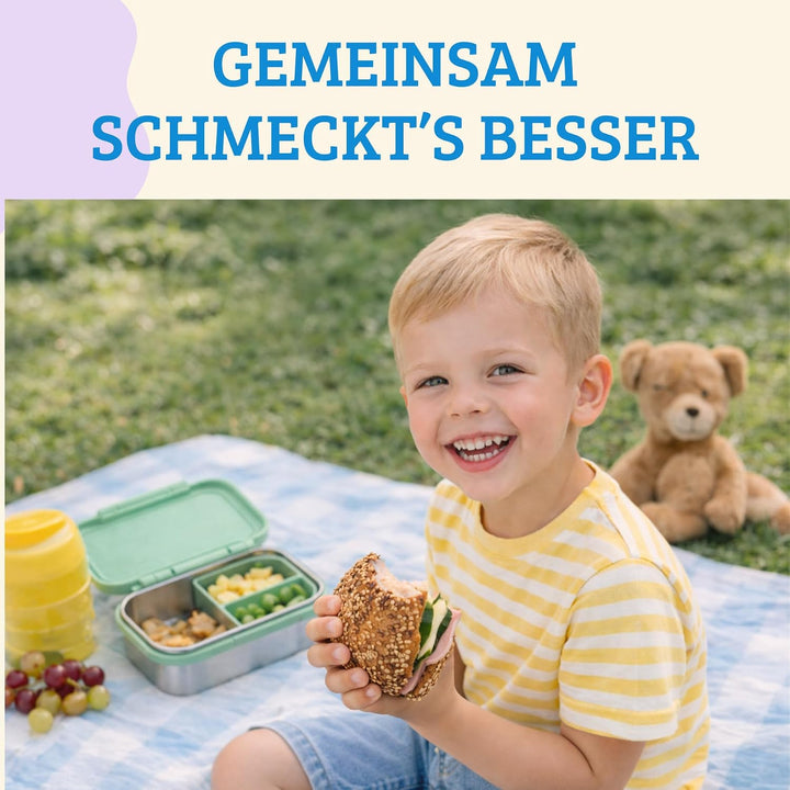 Kinder Brotdose Edelstahl 1000 ml mit Snackbox – Lunchbox mit Fächern, Edelstahl-Boden und BPA-freie