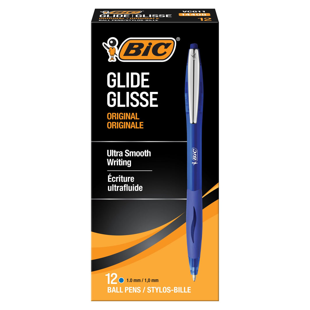 BIC Glide Druckkugelschreiber, mittlere Spitze (1,0 mm), blau, bequemer Gummigriff für glattes Schre