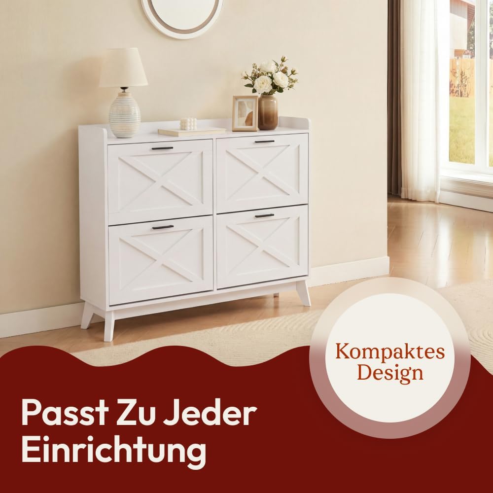 CASABEL Schuhschrank mit 4 Klappen, Fronten mit Kreuzmuster, Weiss, Funktionales Design, Grosse Kapa