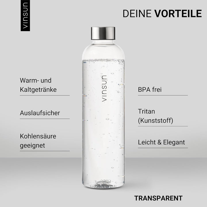 VINSUN Trinkflasche 650ml, 1000ml, 1500ml - auslaufsicher, Kohlensäure geeignet, BPA frei, Tritan -