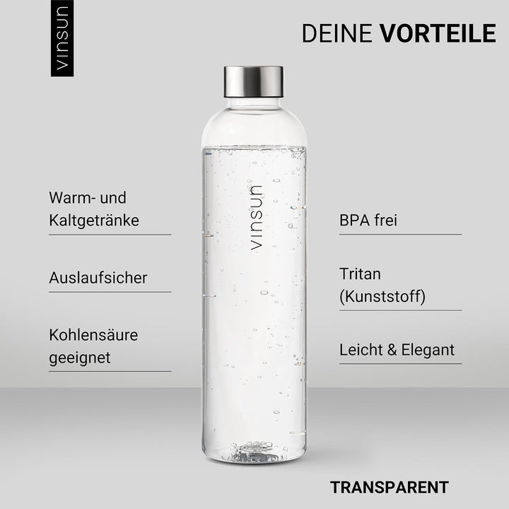 VINSUN Trinkflasche 650ml, 1000ml, 1500ml - Kohlensäure geeignet, Tritan | Wiederverwendbar, Tritan,