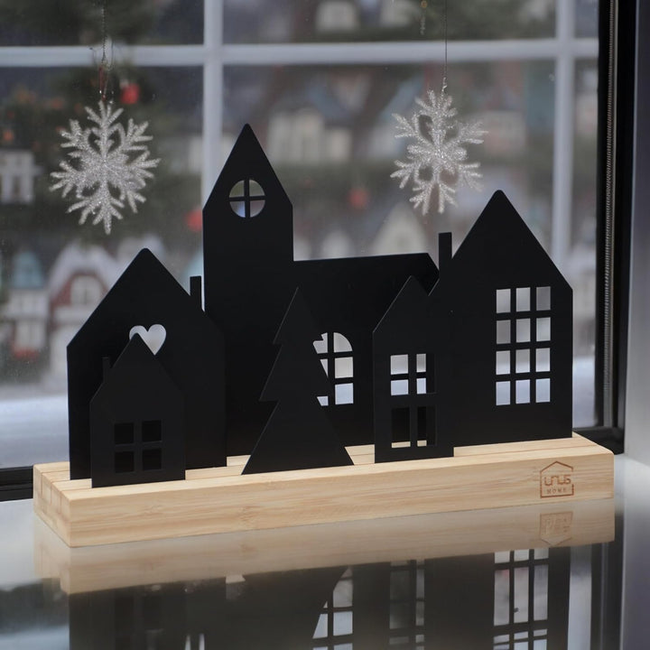 UNUS Stadt-Aufsteller - Deko-Häuser aus Holz und Metall mit Kirche und Baum - Schwarz Schwarz 4 Häus