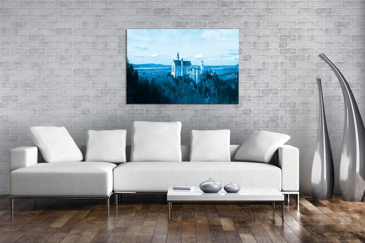 deyoli Burg Neuschwanstein Format 100x70 Effekt: Monocrome Blau als Leinwandbild, Motiv fertig gerah