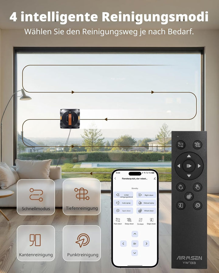 AIRMSEN YW733 Fensterputzroboter, Automatische Routenplanung, 4 Reinigungsmodi, 4 Sprühdüsen, 110 ml