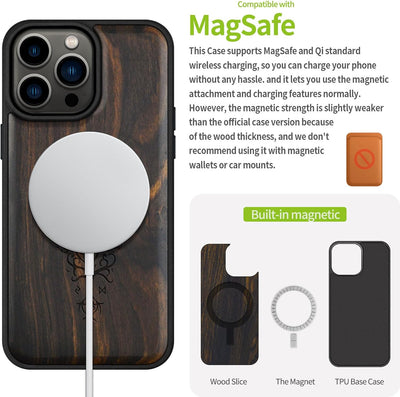 Carveit Holz Cover für iPhone 15 Pro Max hülle, Kompatibel mit Magsafe Silikon Stossfeste Cover, Mag