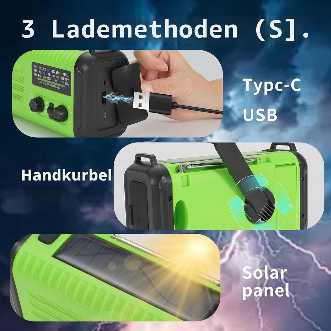 Kurbelradio, Solar Notfallradio mit 20000mAh Powerbank, AM/FM/WB Wetterradio, Taschenlampe &amp; USB-C-L