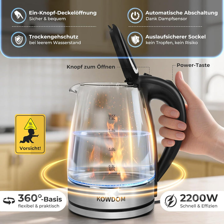 Glas-Wasserkocher 1,8L aus Borosilikatglas & BPA-frei - 2200W mit Blitzaufheizung | Automatische Abs
