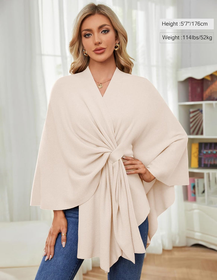 PULI Damen Elegant Poncho Strick Ponchos Capes Vorne öffnen Vielseitige Schalwickel mit Lasche Beige