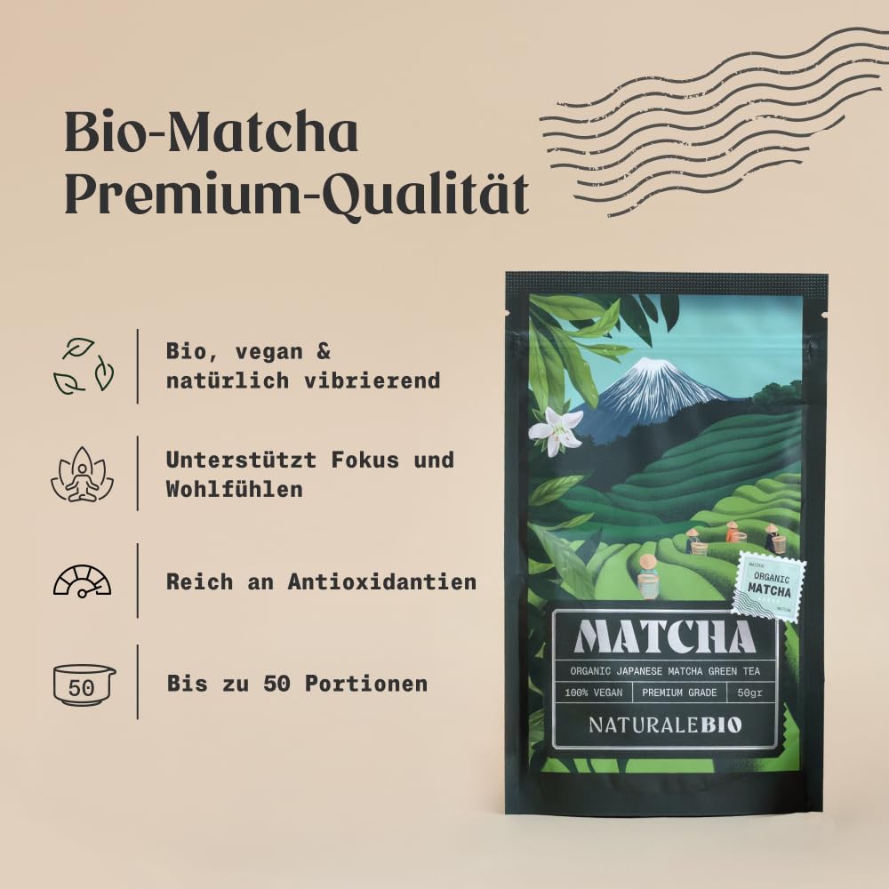 NaturaleBio Traditionelles Matcha-Set mit japanischem Matcha-Pulver in Premium-Qualität 50g, Bambusb