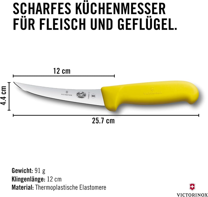 Victorinox Fibrox Ausbeinmesser, Scharfes Küchenmesser für Fleisch und Fisch, 12 cm, Gebogene Klinge
