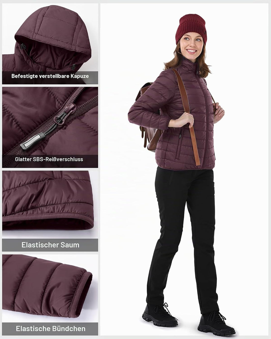 Outdoor Ventures Damen Steppjacke Leichte Packbare Übergangsjacke Warme Winterjacke mit Kapuze für F