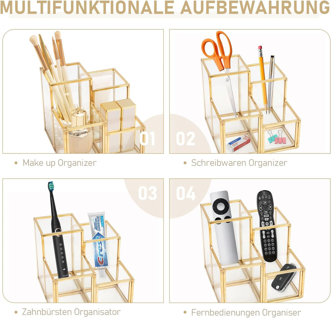 HARLIANGXY Make up Pinsel Organizer Gold, Pinselhalter Kosmetik 4 Fächer - Kosmetik Organizer Glas,