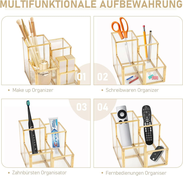 HARLIANGXY Make up Pinsel Organizer Gold, Pinselhalter Kosmetik 4 Fächer - Kosmetik Organizer Glas,