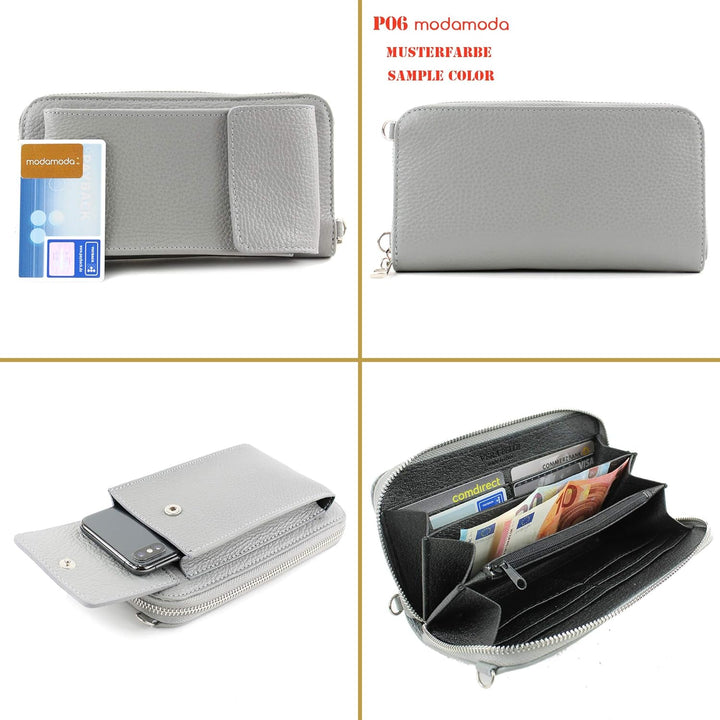 modamoda de - P06 - ital. Damen Umhängetasche Geldbörse Handytasche Leder Altgold-metallic, Altgold-