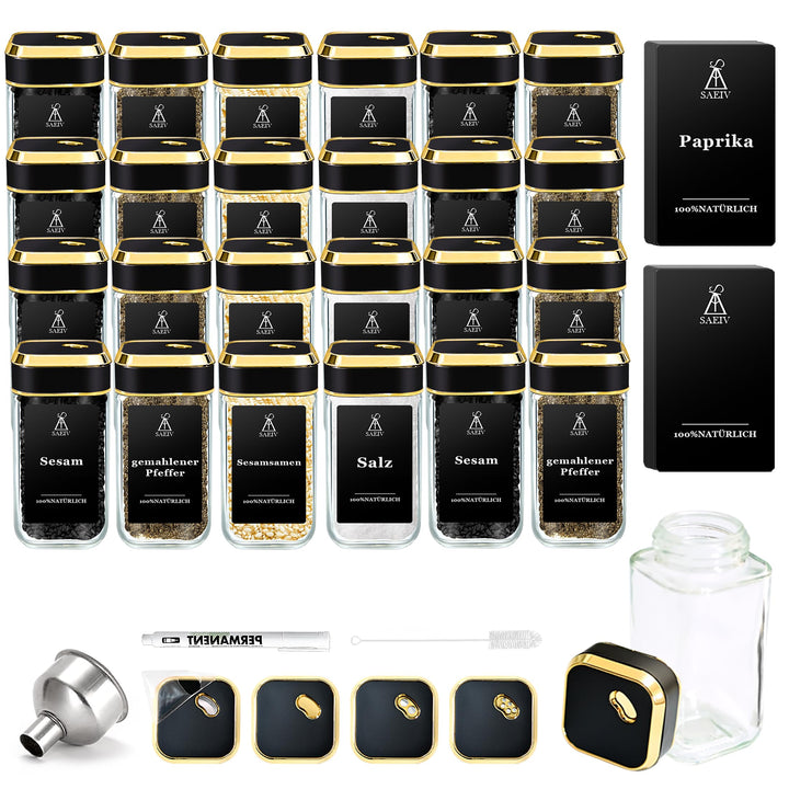 Gewürzstreuer mit Edel Schwarzgoldener Deckel, Gewürzgläser Gold (24x120ml), Gewürzbehälter Set, Gew