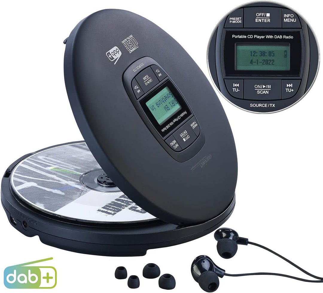 auvisio CD Spieler: Tragbarer CD-Player, DAB+ Radio, Bluetooth, Akku, Ohrhörer, Anti-Shock (CD Playe