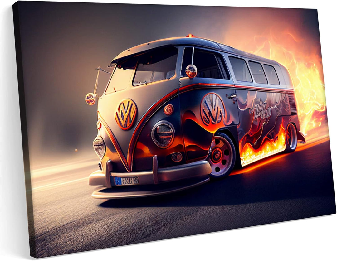 PRINTONIA Bilder Leinwandbild 120x80cm VW Volks Wagen T1 Gurke VAN Auto Abstrakte Kunst Kunst Neon