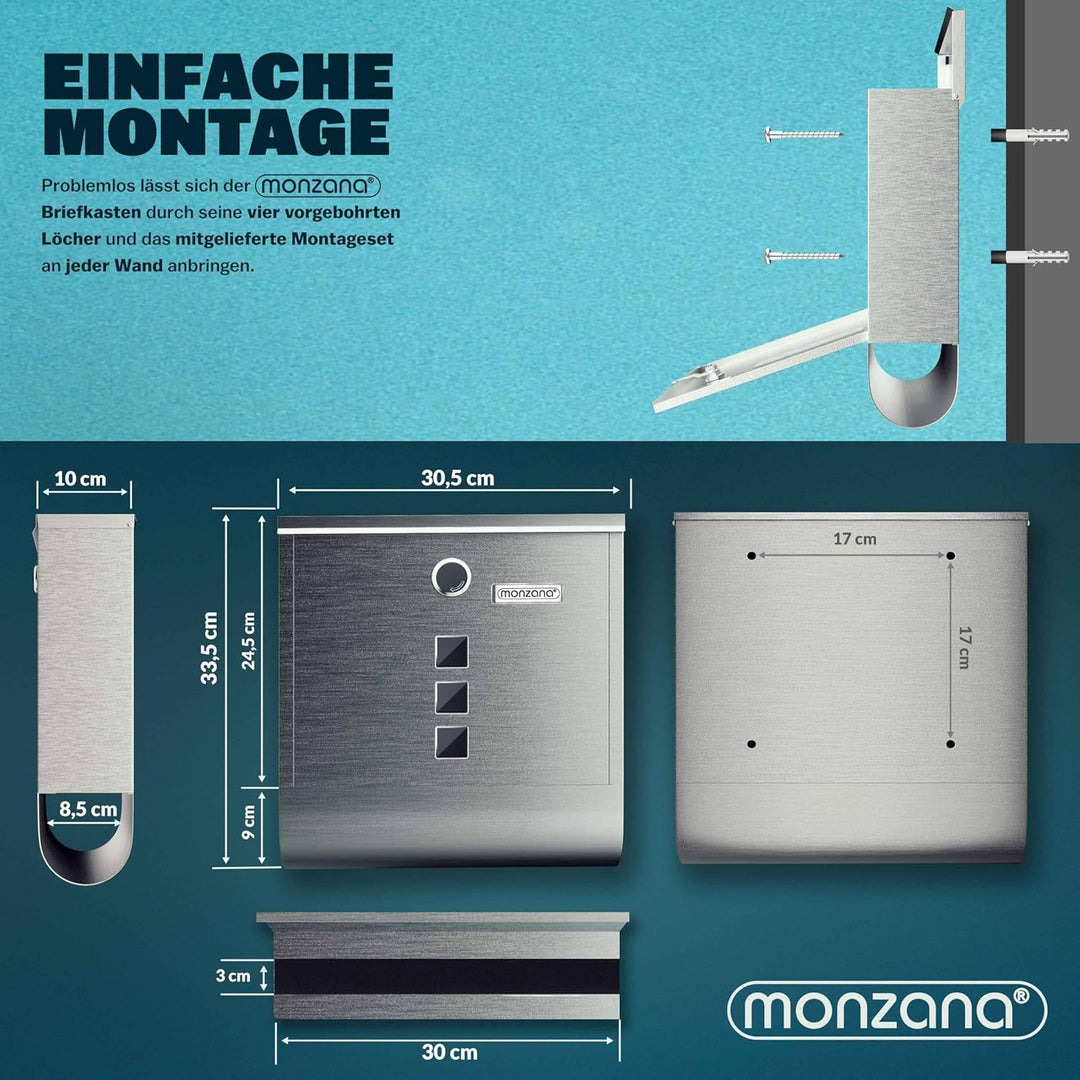 MONZANA® Briefkasten Kreuzschloss mit Kupfer-Schliesszylinder drehbare Abdeckung 31x10x34 cm Sichtfe
