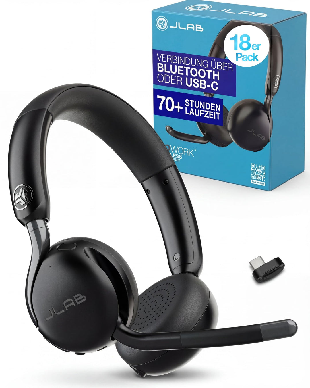 JLab Go Work 3 Bluetooth Headset mit Mikrofon - 70+ h, On-Ear, 18 Stück | USB-C Dongle, Geräuschunte