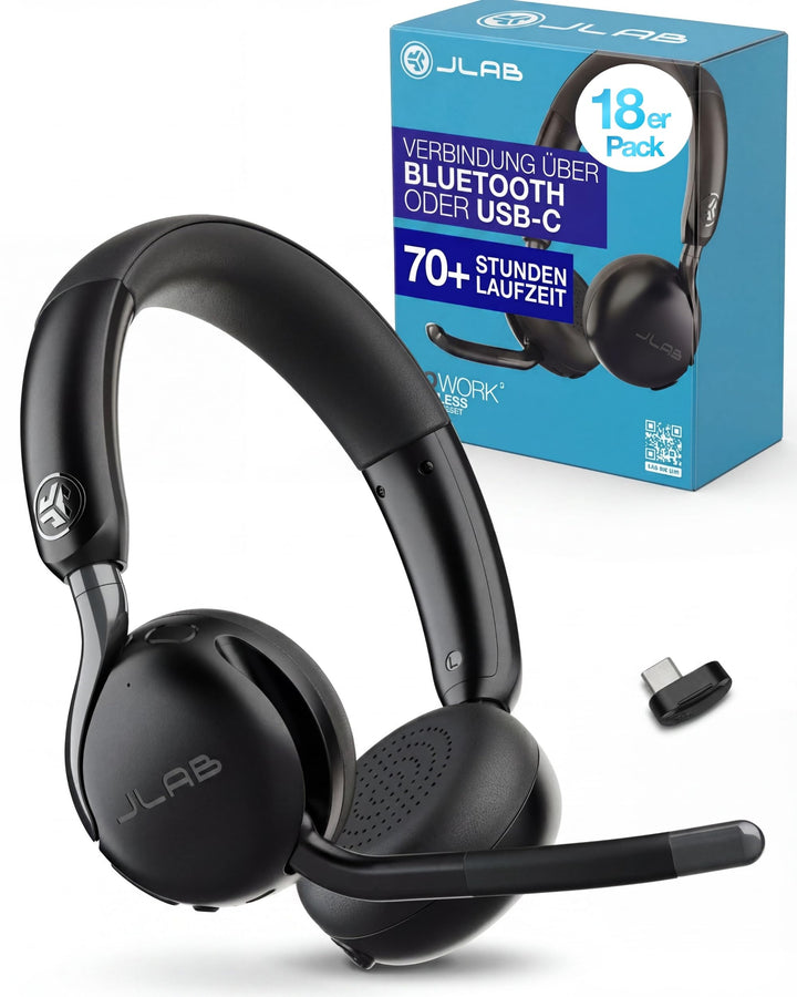 JLab Go Work 3 Bluetooth Headset mit Mikrofon - 70+ h, On-Ear, 18 Stück | USB-C Dongle, Geräuschunte