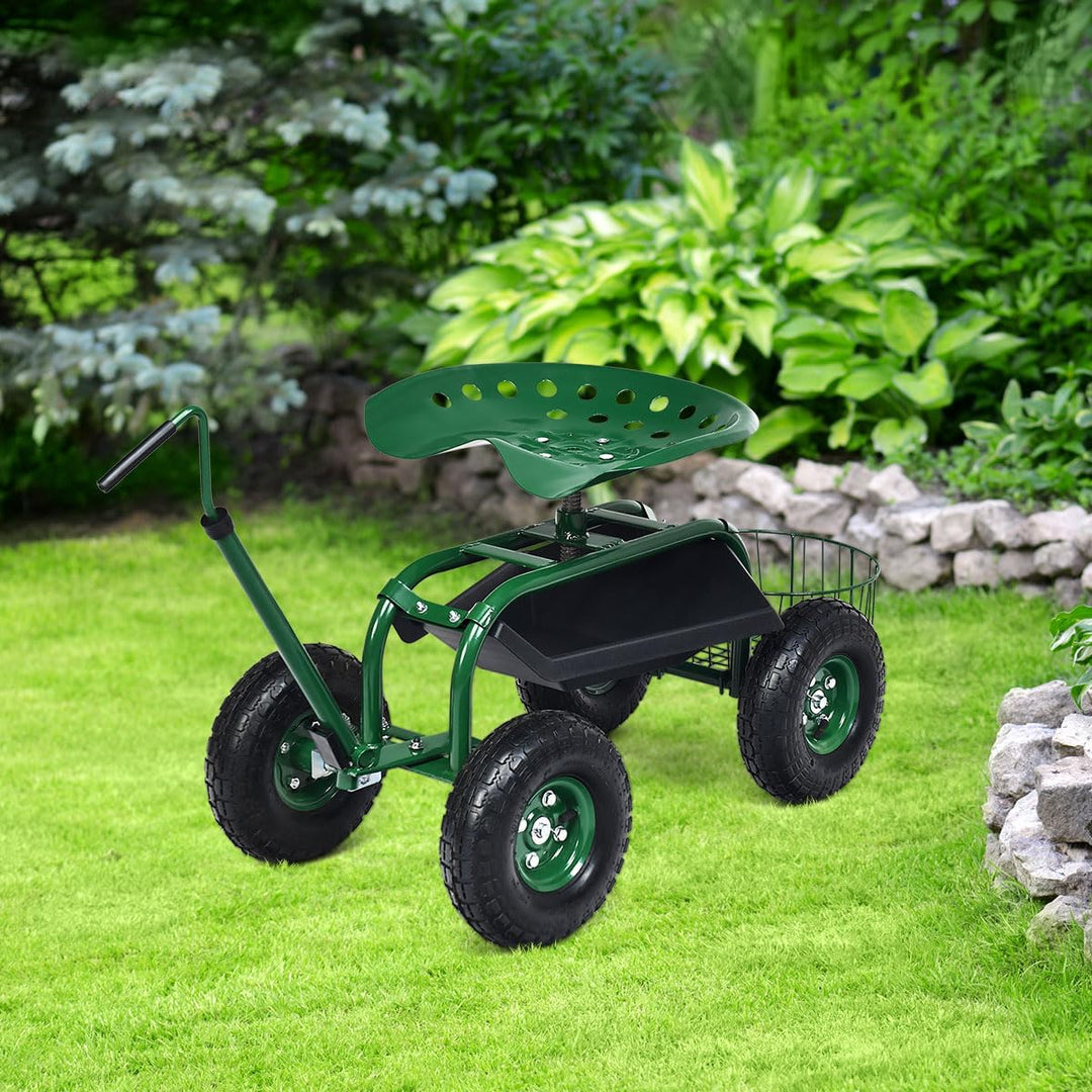 RELAX4LIFE Rollsitz mit Ablage Korb, Gartensitz mit Ausziehbarem Griff 4 Rädern, Gartenrollsitz Fahr
