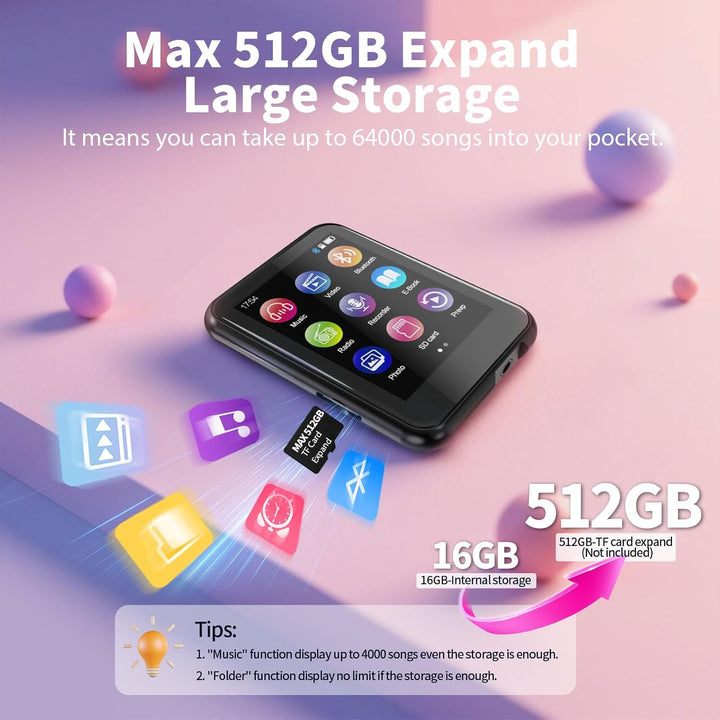 64 GB MP3-Player mit Bluetooth 5.3, 2,4-Zoll-Touchscreen, FM-Radio, Sprachaufzeichnung, Hi-Fi-Sound,