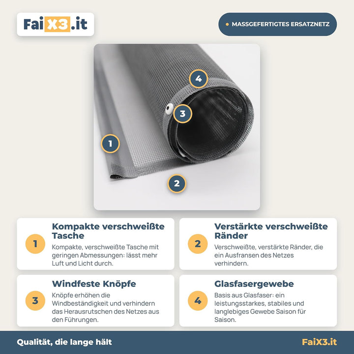FaiX3.it - Ersatznetz für Fliegengitter, Massanfertigung, Farbe grau, verstärkte Kanten und winddich